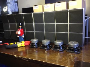 A line up of Bang & Olufsen CX100 Speakers ready to be restored.